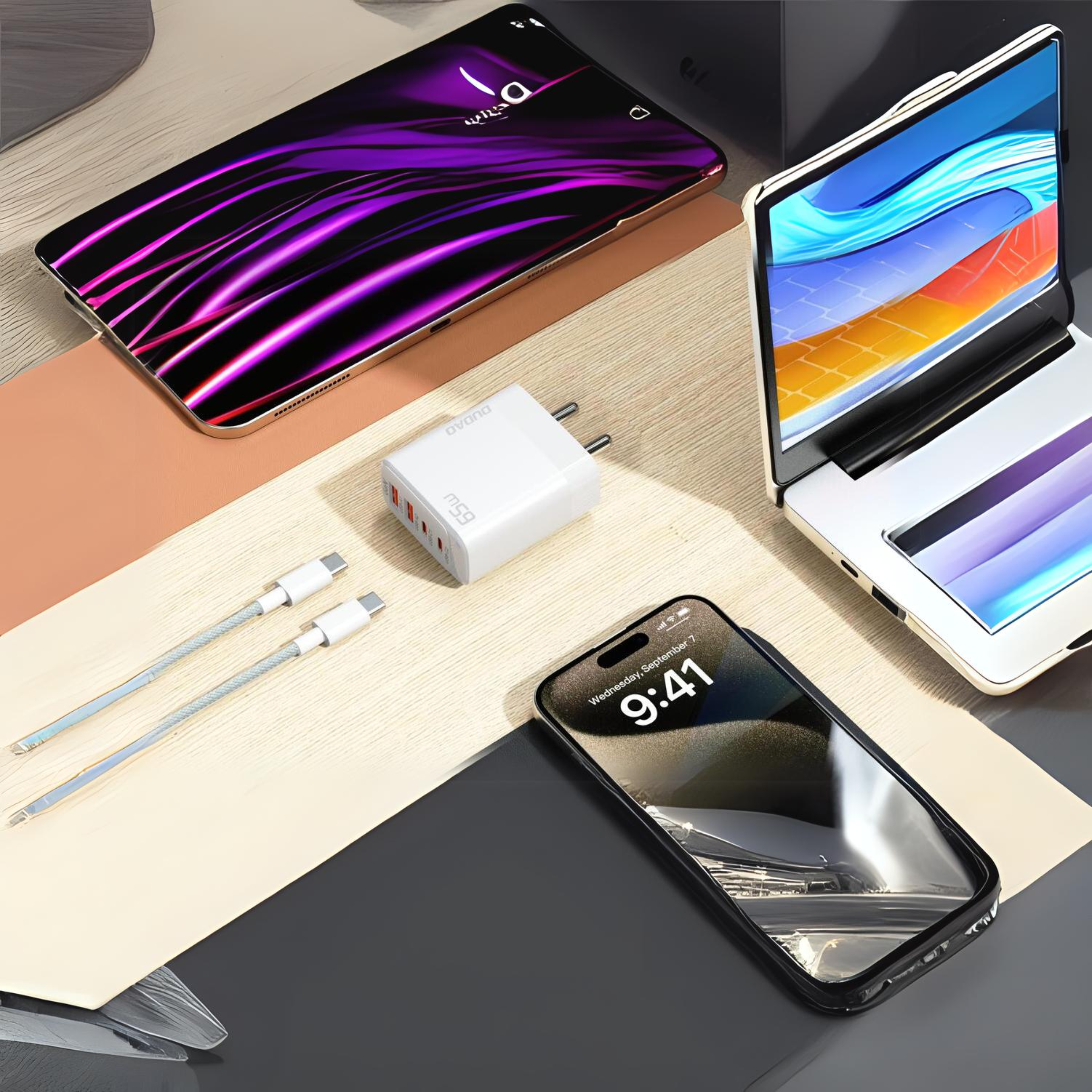 65W Quick Charge 4 port QC, PD GaN Adapter with 100W Type-C Cable (2M) - Dudao India