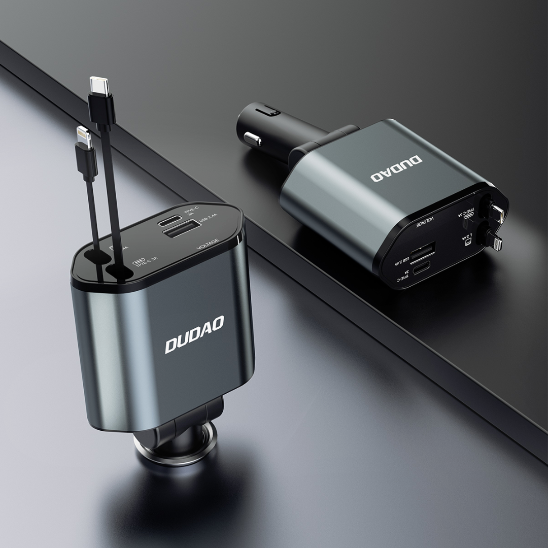 4 in 1 Retractable 100W Car Charger with Dual Super Fast Retractable Cables and Type-C & USB Car Charger Adapter. - Dudao India