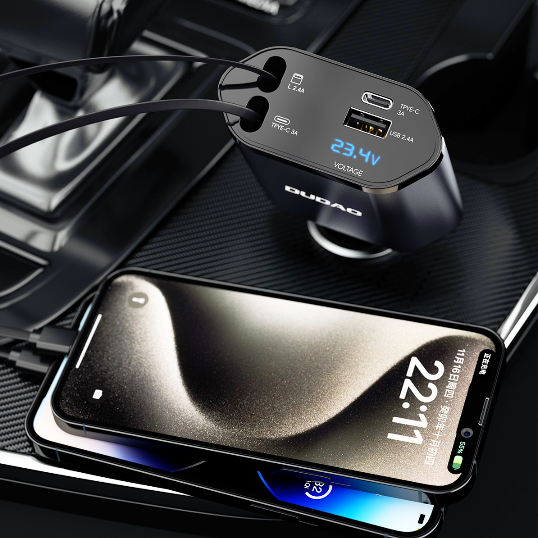 4 in 1 Retractable 100W Car Charger with Dual Super Fast Retractable Cables and Type-C & USB Car Charger Adapter. - Dudao India